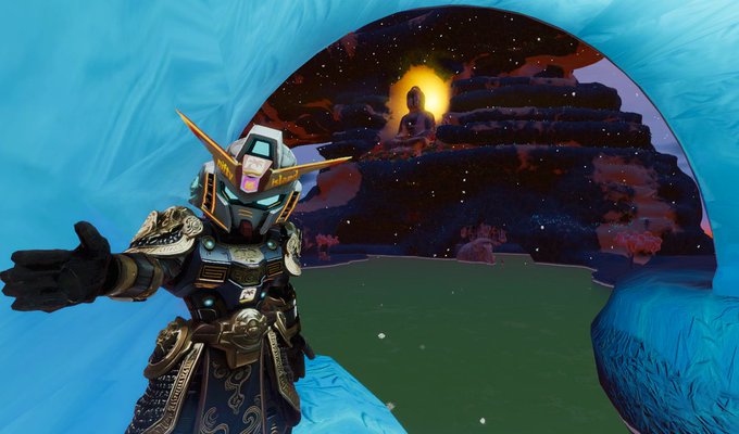 A robotic figure in ornate armor stands in the foreground against a surreal backdrop featuring a cosmic portal, a meditating silhouette, and glowing blue ice-like formations.