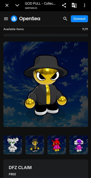 An OpenSea NFT collection page titled 'GOD PULL' showing a 3D character in a black hat and coat against a cloudy sky, with thumbnails of other characters and a 'DFZ CLAIM' section marked FREE.