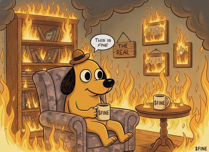 A cartoon illustration of a dog calmly sitting in a burning room, holding a mug labeled "$FINE" with a speech bubble saying "THIS IS FINE" as a sign reads "THE REAL $FINE".