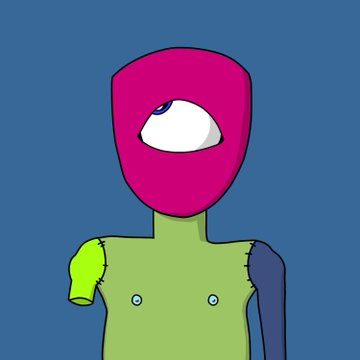 A simple cartoon drawing of a pink-masked figure with a single visible eye, wearing a green shirt with mismatched yellow and dark blue sleeves, stitched together in a primitive style against a blue background.