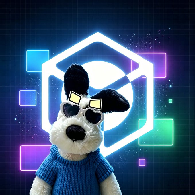 A plush dog mascot wearing pixelated sunglasses and a blue knit sweater stands in front of a glowing hexagonal logo with neon geometric shapes, representing Nucleus (NUC), a Web3 project that aims to replace wasteful airdrop and referral schemes with sustainable user engagement.