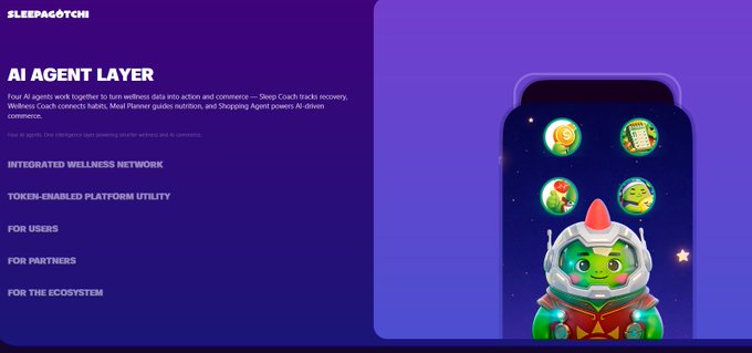A promotional graphic for 'SLEEPAÖOTCHI AI AGENT LAYER' describes four AI agents working together for wellness data into action and commerce, featuring a green character reading a book alongside a smartphone display.