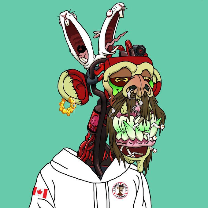 A grotesque cartoon character with a monstrous face, rabbit-like ears, a large brown beard, and exposed green teeth wears a white hoodie featuring a Canadian flag and a 'Rugged City Canada' logo against a teal background.