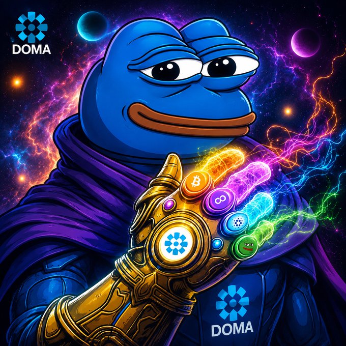 A Pepe the Frog character wearing a purple cloak wields the Infinity Gauntlet embedded with crypto coin logos, with the 'DOMA' logo visible in the corners against a vibrant space backdrop.