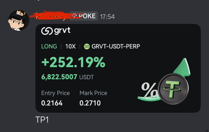 A dark chat screenshot shows a GRVT trading result for “GRVT-USDT-PERP”: LONG 10X, “+252.19%,” “6,822.5007 USDT,” entry price 0.2164, and mark price 0.2710, with “TP1” below.
