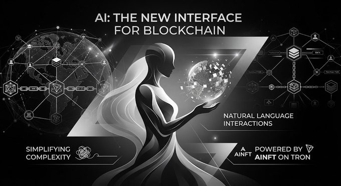 A promotional graphic titled 'AI: The New Interface for Blockchain' showing a stylized AI figure holding a digital globe, advertising 'Natural Language Interactions' powered by AINFT on the Tron network.