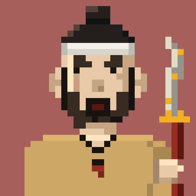 A pixel art portrait of a bearded man with dark hair, rendered in a retro video game style against a brown background.