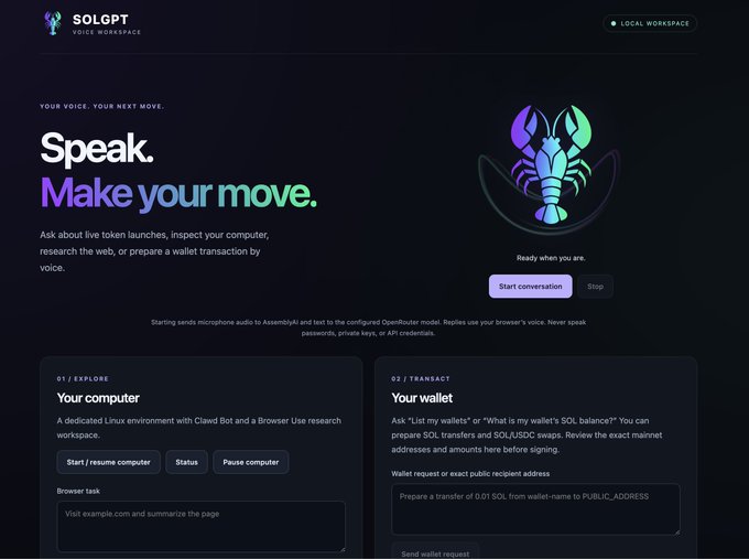 A dark-themed website for SOLGPT Voice Workspace displaying the headline 'Speak. Make your move.' with a lobster-crustacean hybrid mascot and sections for 'Your computer' and 'Your wallet' exploration.