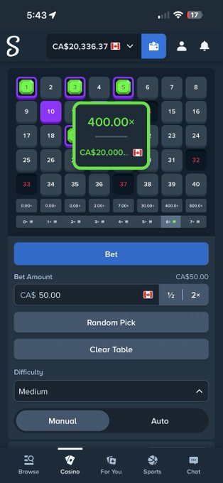 A Stake.com roulette betting interface showing a 400.00x multiplier highlighted in green on the number 14 with a CA$20,336.37 balance and CA$50.00 bet amount configured. The image directly illustrates the user's mention of their Stake username and #ansemstealth tag, showcasing their active gambling session on the platform.
