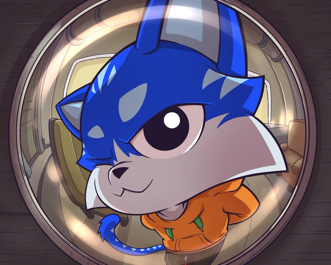 An animated cartoon character that appears to be a hybrid of Sonic the Hedgehog and a cat, with blue spikes/cat ears, wearing an orange hoodie, depicted in a circular frame.