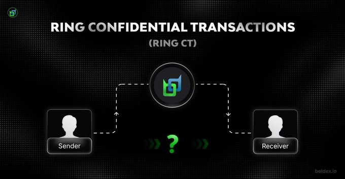 A dark-themed infographic titled "RING CONFIDENTIAL TRANSACTIONS (RING CT)" by beldex.io shows a flow between a Sender and Receiver through a central icon, with a question mark indicating hidden transaction details.