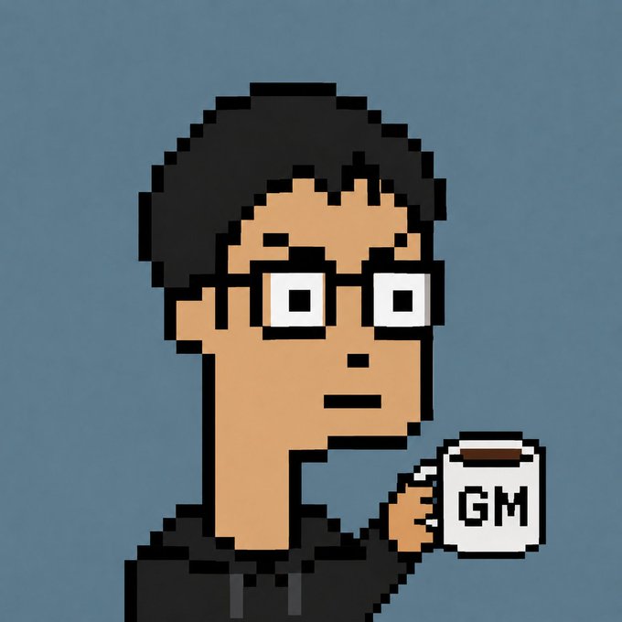 An 8-bit style portrait of a person with glasses and dark hair holding a white mug labeled 'GM' against a blue background.