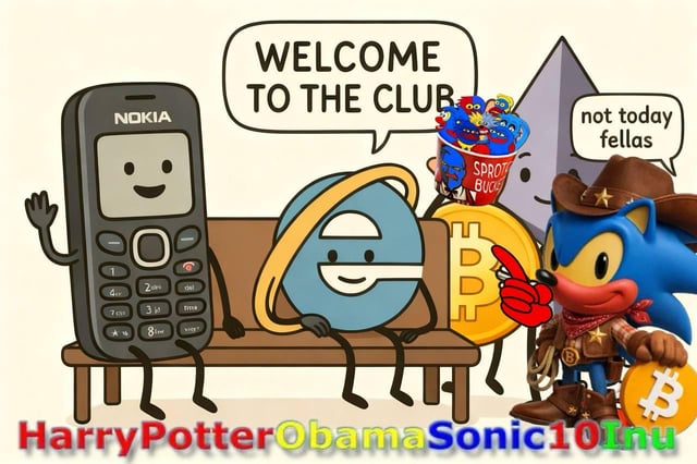 The image features a cartoon character sitting on a bench, with a cell phone next to them. A wallet can be seen nearby as well. In front of the bench, there are two other characters - one is a blue robot, and the other is a green planet. The text in the image reads "Welcome to the club" followed by a list of items including a Bitcoin, a wallet, and a cell phone.