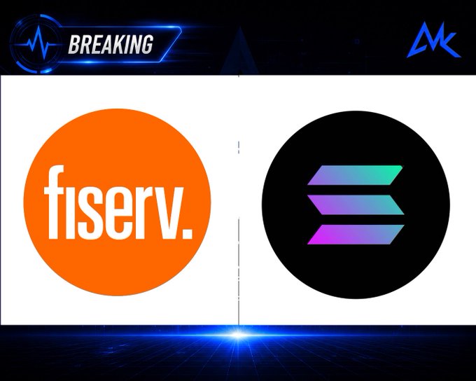 A breaking news graphic featuring the orange Fiserv logo alongside the Solana logo (black circle with gradient stripes), indicating a partnership announcement.