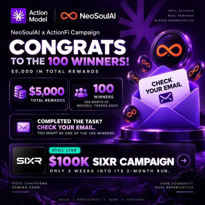 A promotional graphic congratulating 100 winners of the NeoSoulAI x ActionFi Campaign, featuring $5,000 in total rewards and advertising an ongoing $100K SIXR campaign.