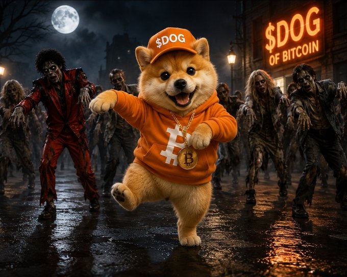 A Shiba Inu dog wearing an orange '$DOG' cap and hoodie with a Bitcoin necklace runs from zombies in a dark, moonlit city street featuring a '$DOG OF BITCOIN' neon sign.