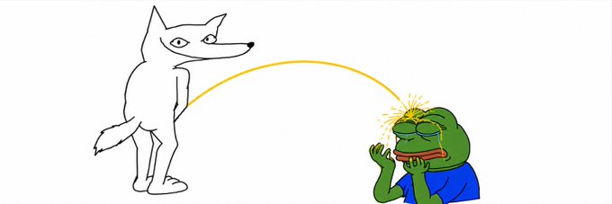 This image depicts a cartoon fox urinating on a crying Pepe the Frog character, representing the sentiment expressed in the accompanying post about $WOFL.