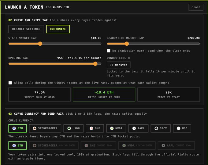 The image shows a "LAUNCH A TOKEN" interface with a 0.005 ETH fee, featuring customizable bonding curve settings (95% opening tax, $10k start market cap, $200k graduation) and ETH as the selected curve currency. It serves as a tutorial or proof that the platform offers a straightforward way to launch tokens, aligning with the post's claim about it being an ideal place to release NFT collections or tokens.