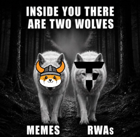 'Inside you there are two wolves' meme featuring two white wolves, one wearing a Floki coin helmet labeled 'MEMES' and the other wearing a Tectum logo labeled 'RWAs'.