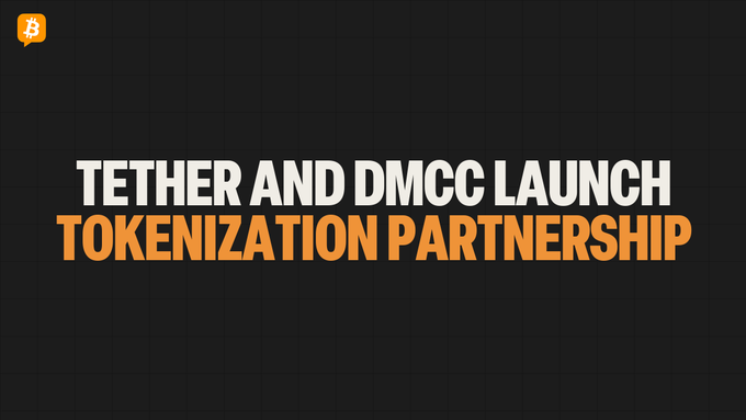 The image features a black background with white text that reads "Tether and Dubai's DMCC have signed an MoU to explore blockchain infrastructure, tokenization, and digital asset education." The text is written in a serif font style, which gives it a formal appearance. The image also includes a small orange icon located at the bottom right corner of the frame.
