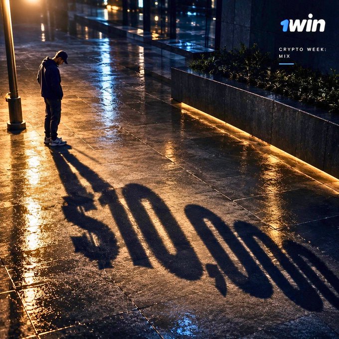 A promotional image for '1win CRYPTO WEEK: MIX' shows a person in a hooded jacket standing on a wet city street, their shadow forming the '$10,000' text on the pavement.
