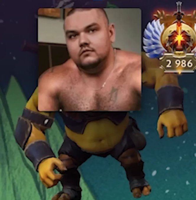 A humorous meme overlaying a photo of a shirtless, heavyset man onto the body of a yellow ogre video game character.