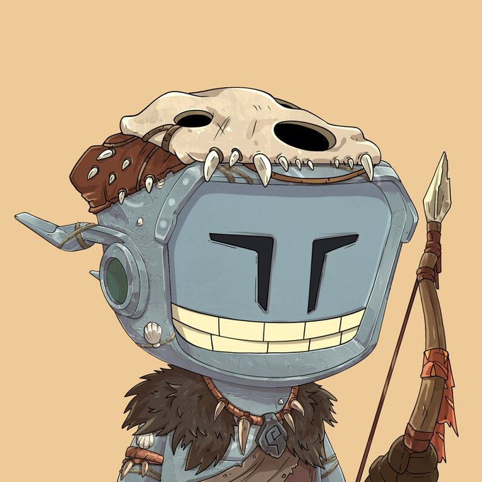 An illustration of a blue robot-like warrior character with a grinning face, wearing a bone skull helmet with fangs and a fur collar, while holding a wooden bow and spear.