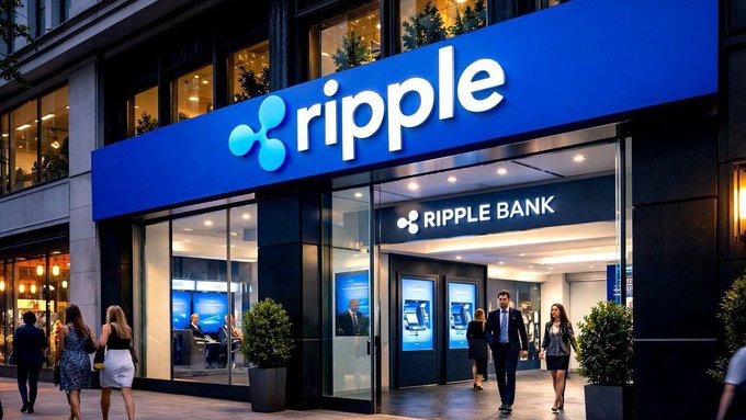 A modern Ripple storefront features bold blue signage reading "ripple" alongside its logo, with a secondary sign marking it as "RIPPLE BANK," while pedestrians and customers gather outside the sleek, illuminated entrance. The image visually reinforces the caption's message of Ripple's accelerating global expansion and growing institutional presence in the XRP-powered financial ecosystem.