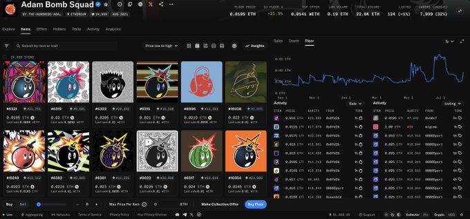 A screenshot of an NFT marketplace page for the 'Adam Bomb Squad' collection, showing various bomb-themed digital art pieces with their prices in ETH and a price chart.