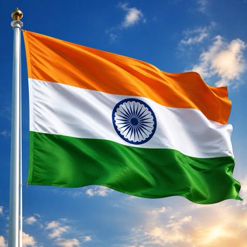 The Indian national flag waves against a blue sky with clouds, symbolizing the country referenced in the news about the Reserve Bank of India advocating for a restrictive stance on cryptocurrency and seeking protections for banks from digital asset exposure.