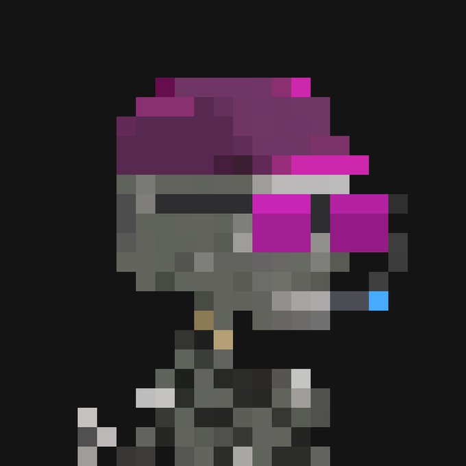 A pixel art character with purple hair and pink glasses is shown against a black background.