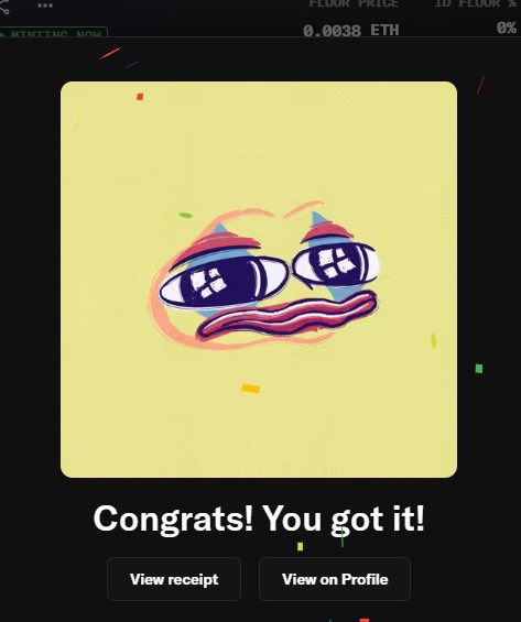The image shows a "Congrats! You got it!" screen with a Pepe the Frog-like character and confetti, likely from a digital collectible minting process. The floor price is displayed as 0.0038 ETH, and the post indicates the item is currently 2x the mint price.