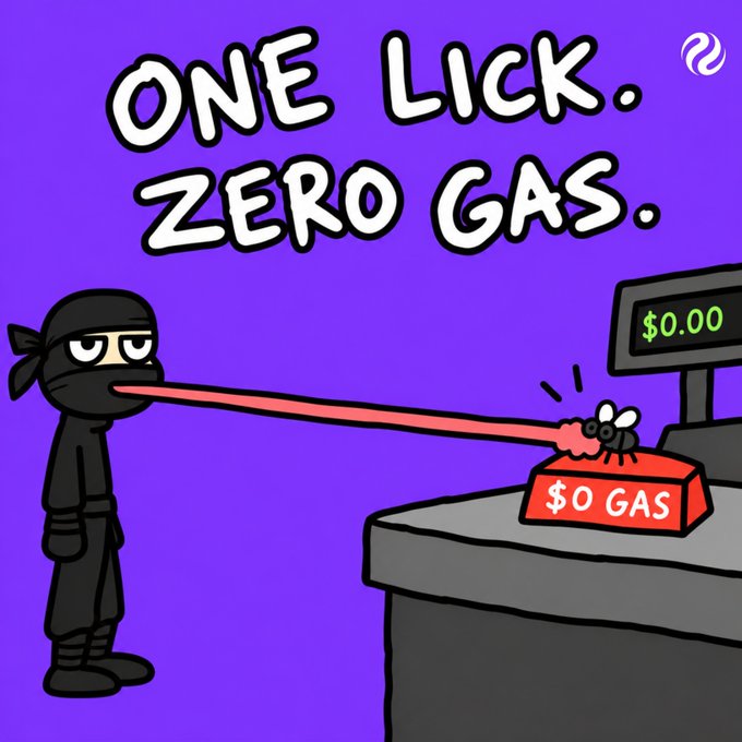 A cartoon graphic with the text 'ONE LICK. ZERO GAS.' showing a ninja character with an extremely long tongue reaching for a fly on a '$0 GAS' dispenser next to a $0.00 register.