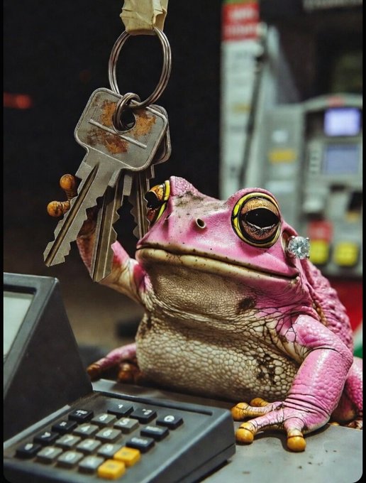A pink frog figurine wearing a diamond ring and holding up a set of rusty keys, posed on a surface next to a calculator with payment terminals visible in the background.