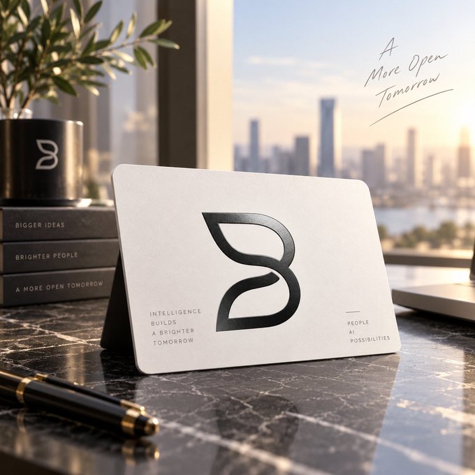 A promotional image of a white card with a stylized "B" logo sitting on a marble desk, reading "INTELLIGENCE BUILDS A BRIGHTER TOMORROW" and "PEOPLE AI POSSIBILITIES", with a city skyline in the background.