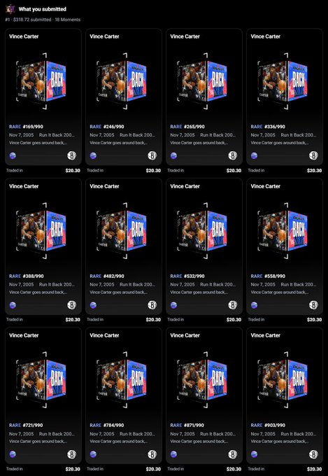 A grid of 12 Topps NBA Vince Carter 'Run It Back' digital collectibles on a marketplace, showing serial numbers like #169/990 and prices of $20.30.