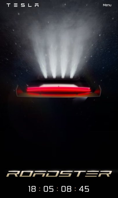 A dark, dramatic promotional image for a Tesla Roadster, featuring the rear of the car with illuminated red taillights and white plumes above it, along with a countdown timer reading '18:05:08:45'.