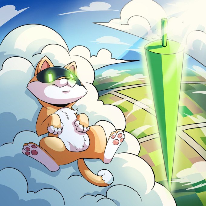 A cartoon cat wearing sunglasses relaxes on a cloud beside a glowing green umbrella-like beacon in the sky, symbolizing the calm confidence and upward trajectory of holding $AI and $NVDA. The serene imagery mirrors the post's message of antifragility, where short-term speculation ultimately drives long-term value and strength.