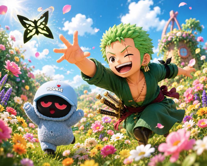 The image features a cartoon character, likely from the animated series "Grimmsey Pimpy", who appears to be running through a field of flowers with a black hat on his head. The character's face has a big smile as he runs towards another character wearing a blue hat and holding a sword in their hand. This scene is set against a backdrop of a beautiful garden filled with colorful flowers, creating an enchanting atmosphere for the characters to enjoy.