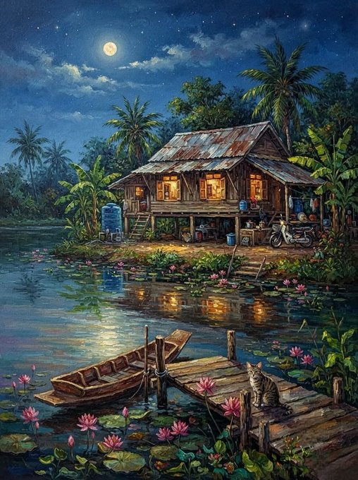 A painted nighttime scene of a wooden stilt house with warm glowing windows beside a river, featuring a docked wooden boat, a cat on a pier, lotus flowers, and a moonlit tropical landscape.