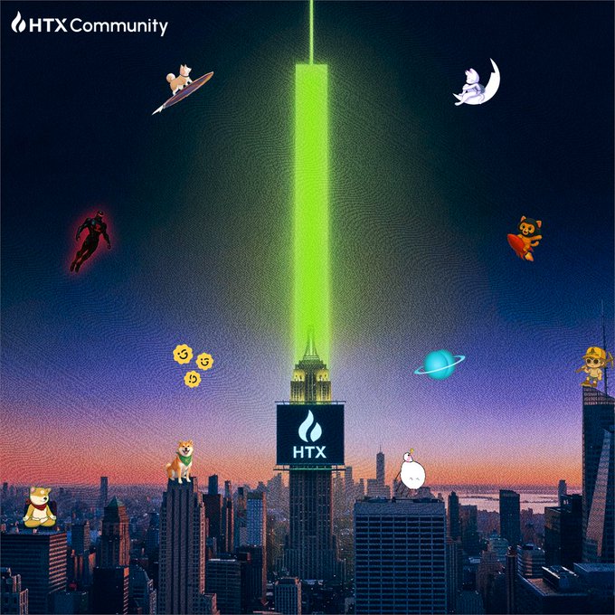 The image features a city skyline at night, with a neon green light that stands out against the dark sky. The light is positioned above a large billboard displaying the text "HTX". Below the billboard, there are several smaller billboards scattered throughout the scene, each featuring different characters and logos. These signs include a dog, a cat, a person holding a skateboard, and a person holding a surfboard. The image also includes various city buildings of different sizes and designs, as well as some text that reads "GM! The #HTX beacon is shining bright, cutting through the noise, and pointing straight to the future".