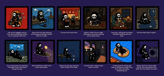 A 2x6 grid of illustrated panels featuring a grim reaper character performing various melancholic daily activities like skipping the gym, relaxing at home, or going back on track, with humorous captions underneath each scene.