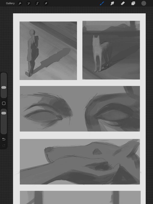 A digital art workspace displays a gallery of grayscale value studies, including a figure with a shadow, a wolf, close-ups of eyes, and a hand holding an object.