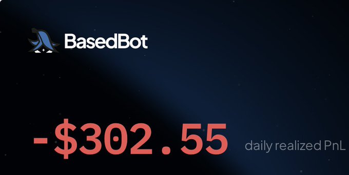 A digital dashboard for 'BasedBot' displays a daily realized PnL of -$302.55 in large red text against a dark, starry background.