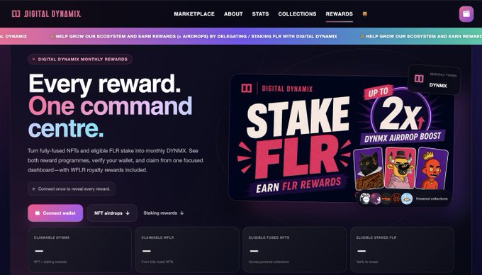 A screenshot of the Digital Dynamix website promoting 'Every reward. One command centre' for staking NFTs and FLR tokens to earn monthly DYNMX rewards, featuring a 'STAKE FLR' banner offering up to 2x DYNMX airdrop boost.