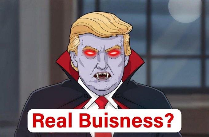 This image depicts Donald Trump as a vampire with glowing red eyes and fangs, superimposed with the text "Real Buisness?". It visually plays on the idea of his crypto ventures being depicted as an exploitative or blood-sucking business, contrasting with his traditional real estate background.