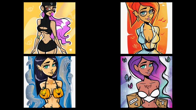 Four stylized digital illustrations of female characters in vibrant, cartoon-like fashion, each depicted with different colorful hair and outfits including a pumpkin-themed bikini top and a 'DEAR' envelope.