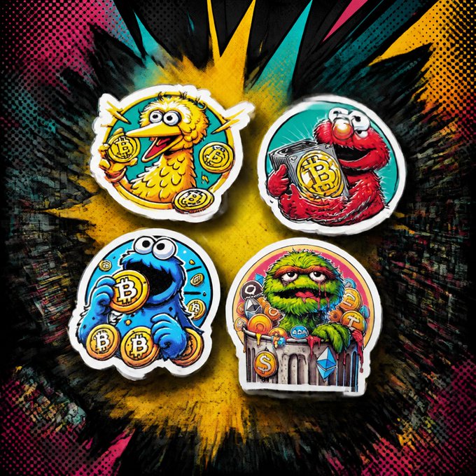 Four pop-art style stickers featuring Sesame Street characters (Big Bird, Elmo, Cookie Monster, Oscar the Grouch) holding or surrounded by Bitcoin and cryptocurrency coins.