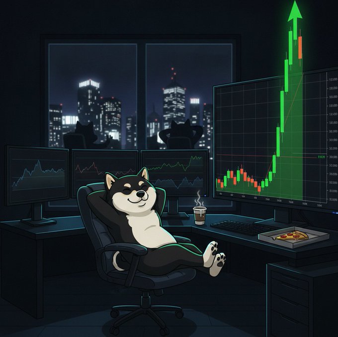 A digital illustration of a Shiba Inu dog sitting contentedly at a desk with multiple computer monitors displaying financial charts and a large green upward-trending candlestick graph, with a cup of coffee and a slice of pizza nearby.