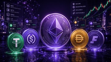 A digital illustration displays glowing 3D coins representing major cryptocurrencies—including Ethereum ($1.60), USDT, USDC, and Bitcoin—set against a backdrop of trading charts and UI panels listing features like "SECURE," "DECENTRALIZED," and "SCALABLE," visually reinforcing FQL Exchange's messaging about stability amid rapid crypto market movements.